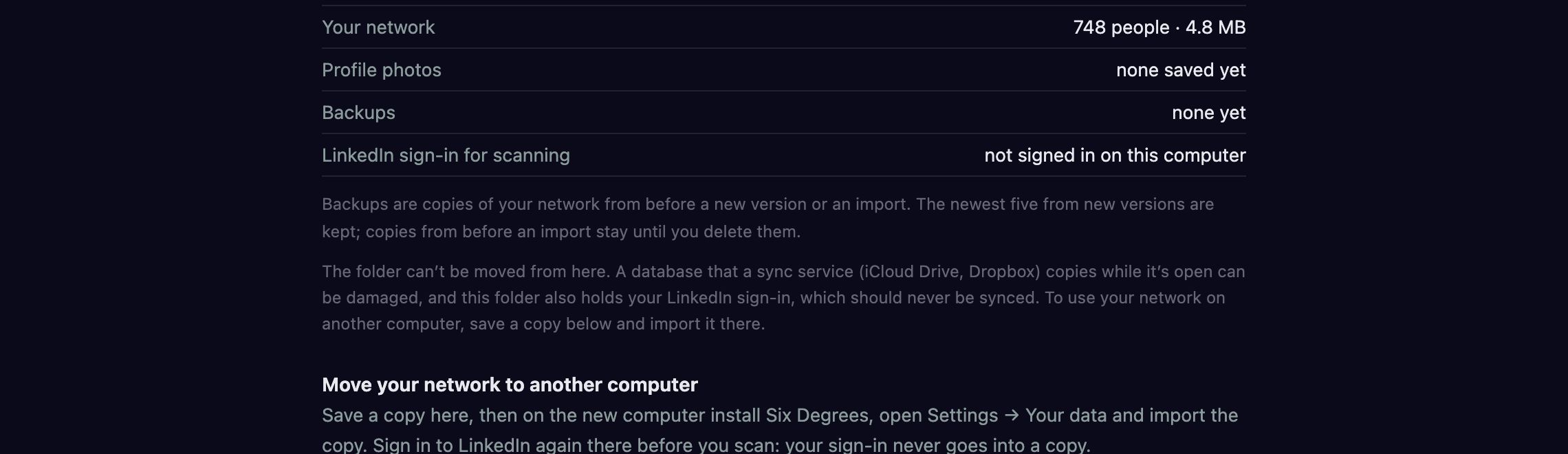 Settings, Your data: the network, profile photos, backups and the LinkedIn sign-in, all in one folder